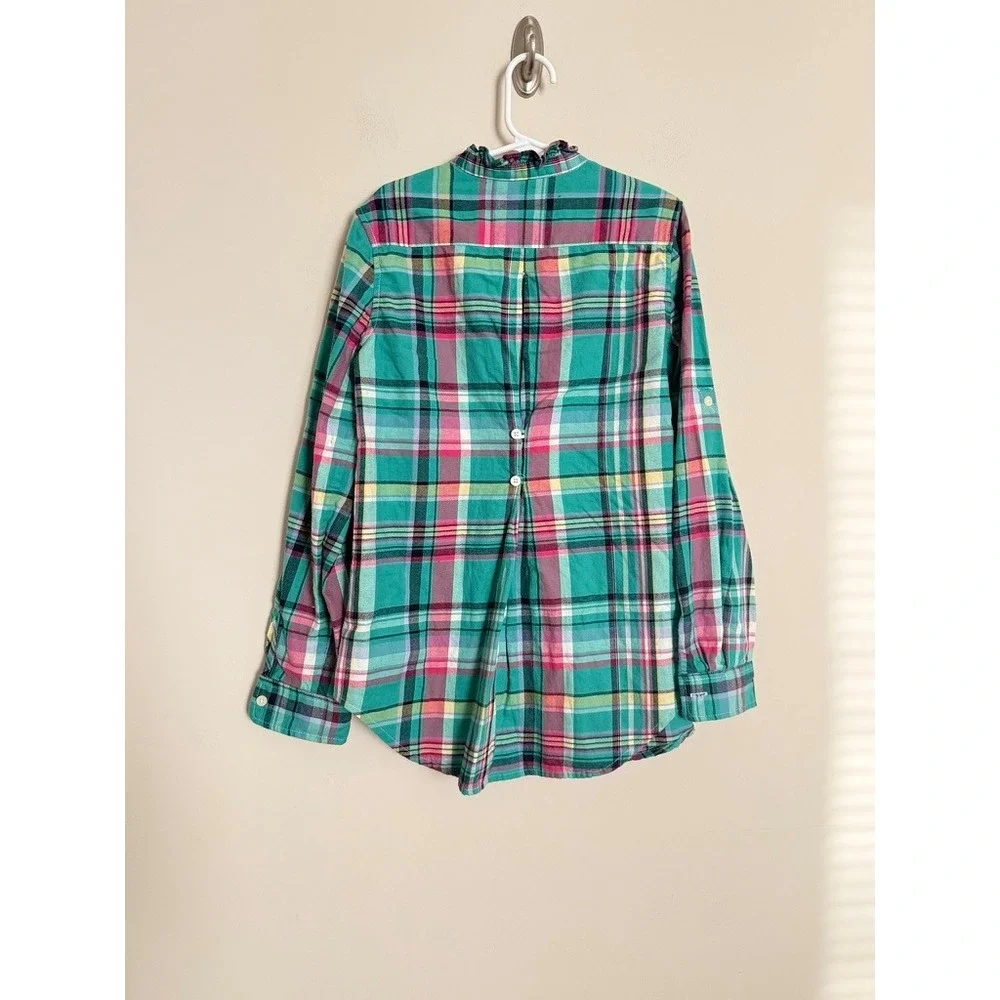 Ralph Lauren Girls Green Pink Plaid Ruffle Collar Button Down Shirt Size 10